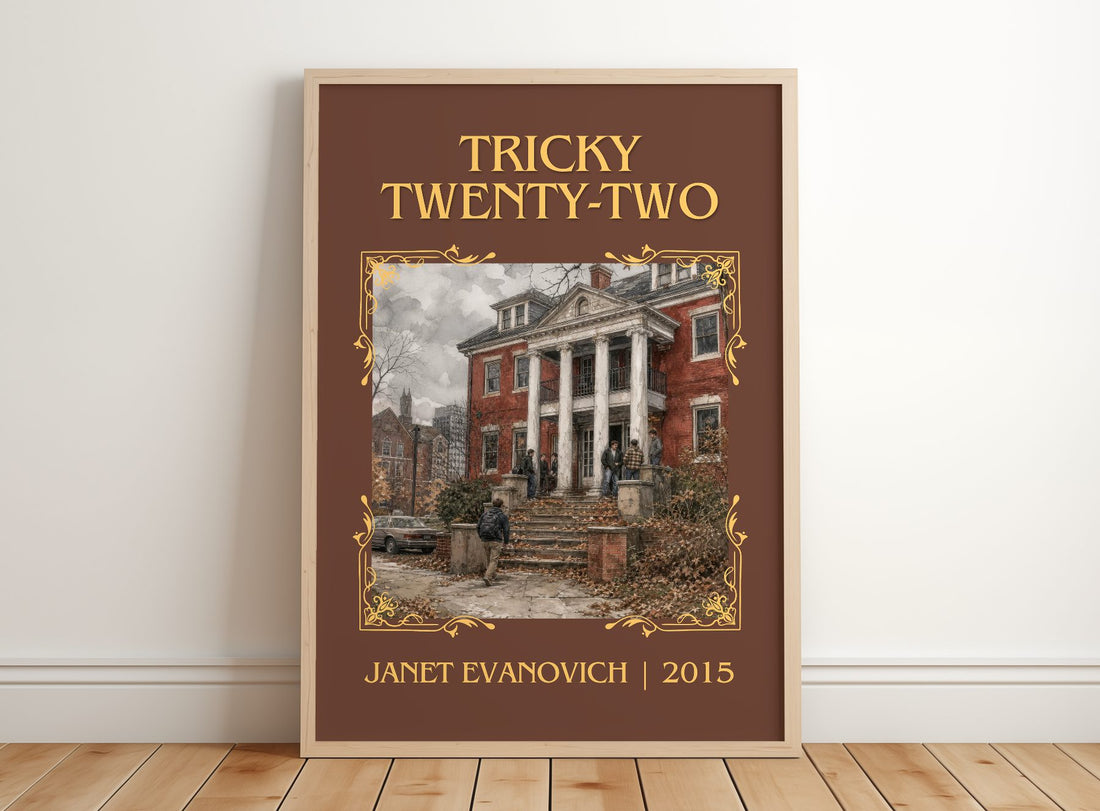 Tricky Twenty-Two Classic Book Art Print by Janet Evanovich – framed print leaning on a wooden floor