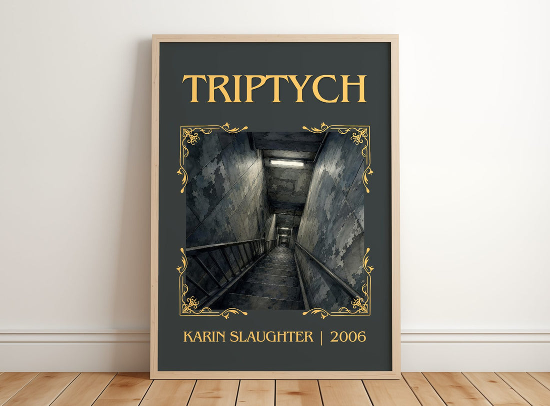 Triptych Classic Book Art Print by Karin Slaughter – framed print leaning on a wooden floor