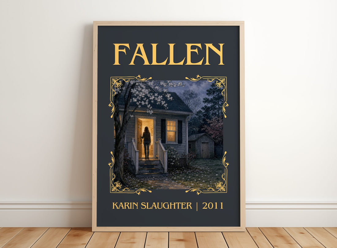 Fallen Classic Book Art Print by Karin Slaughter – framed print leaning on a wooden floor