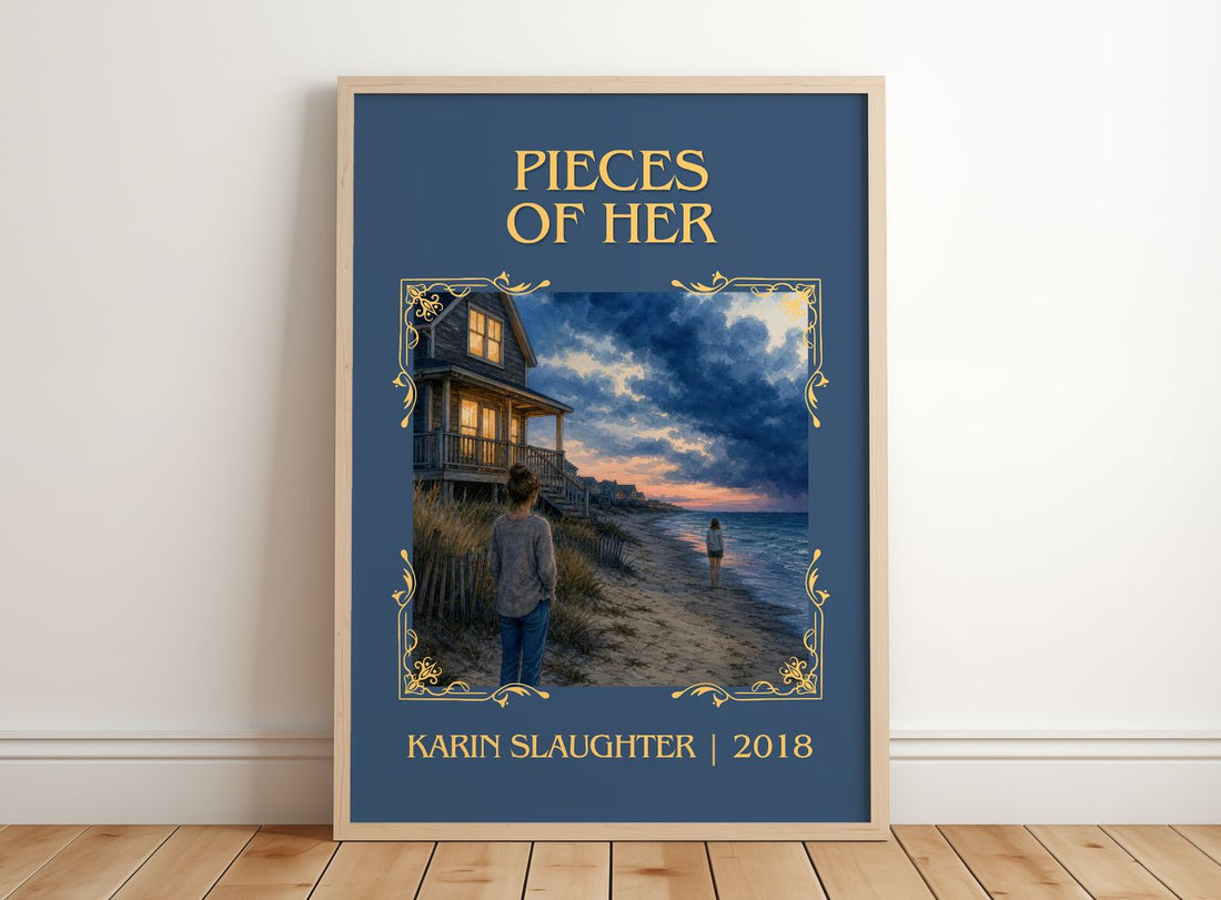 Pieces of Her Classic Book Art Print by Karin Slaughter – framed print leaning on a wooden floor