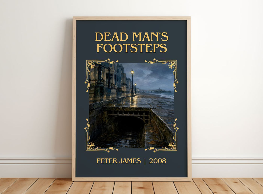 Dead Man's Footsteps Classic Book Art Print by Peter James – framed print leaning on a wooden floor