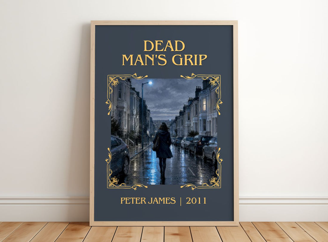 Dead Man's Grip Classic Book Art Print by Peter James – framed print leaning on a wooden floor