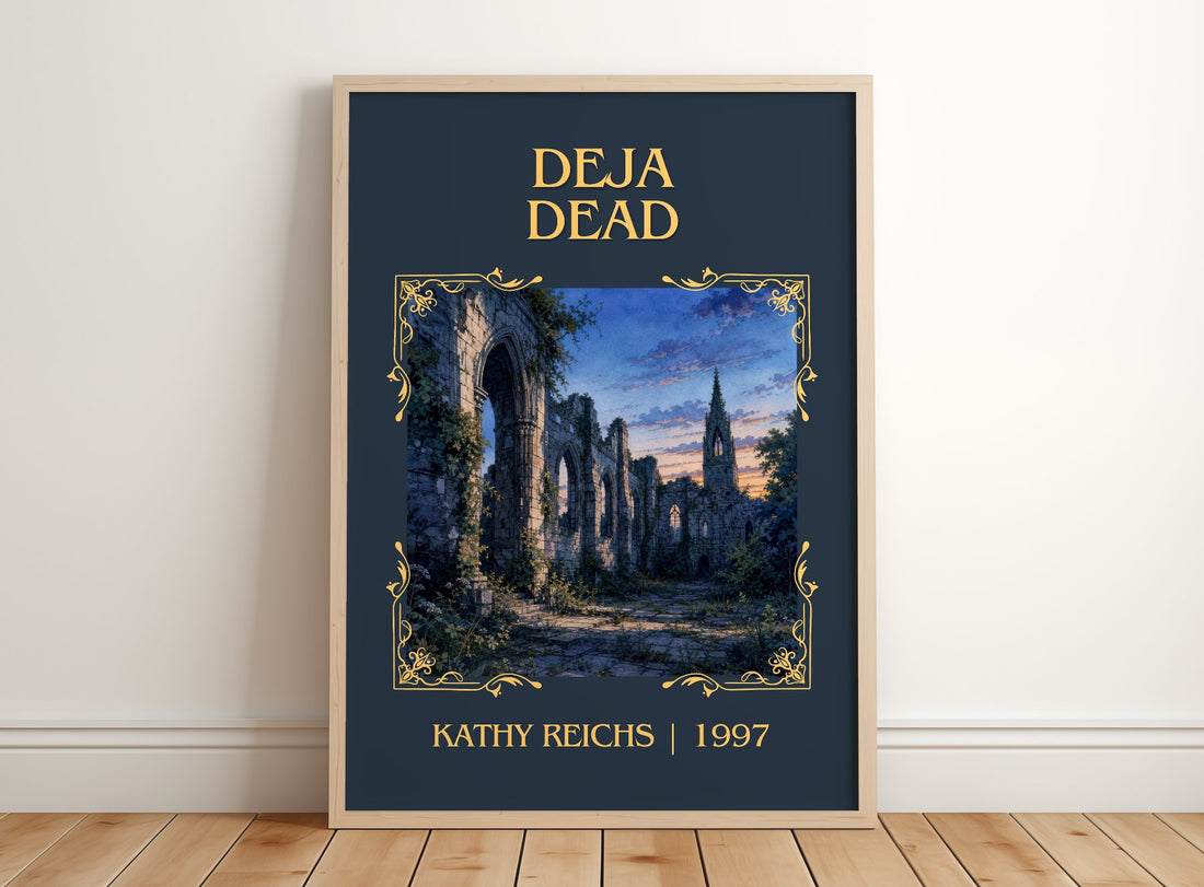 Déjà Dead Classic Book Art Print by Kathy Reichs – framed print leaning on a wooden floor