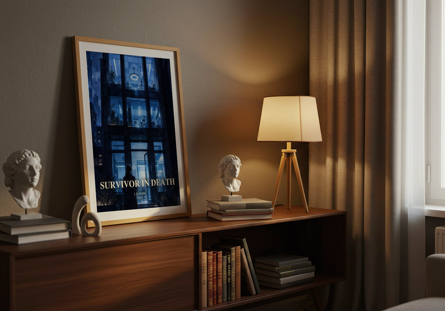 Survivor In Death watercolour print on bookshelf – J. D. Robb fan gift