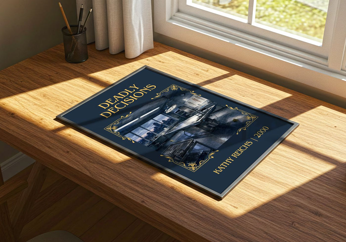 Deadly Décisions Classic Book Art Print by Kathy Reichs – print on a sunlit desk