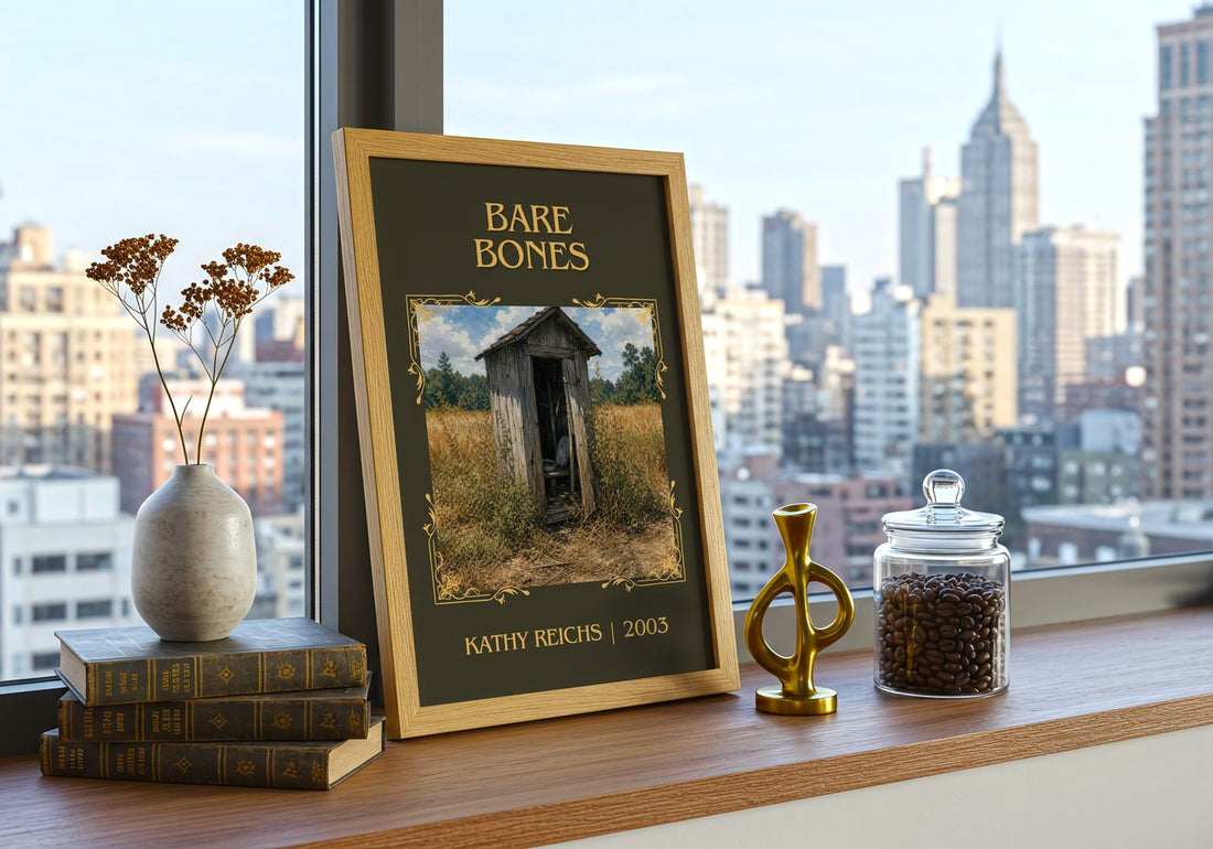 Bare Bones Classic Book Art Print by Kathy Reichs – framed print on a city-view windowsill