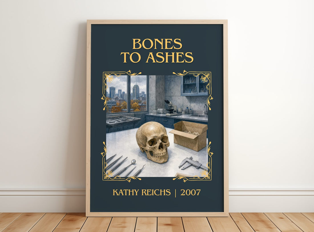 Bones to Ashes Classic Book Art Print by Kathy Reichs – framed print leaning on a wooden floor