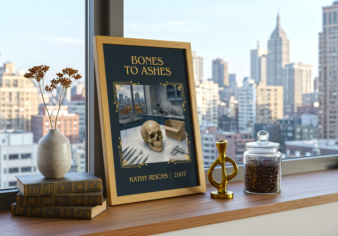 Bones to Ashes Classic Book Art Print by Kathy Reichs – framed print on a city-view windowsill