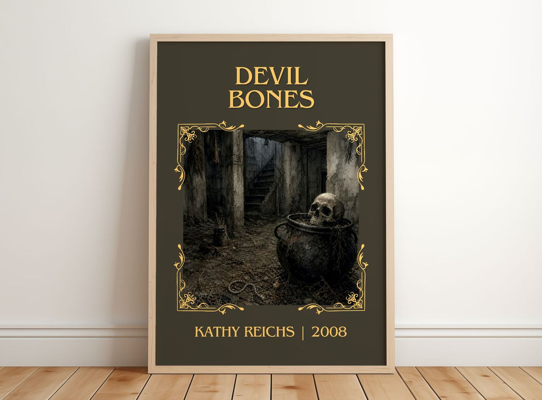 Devil Bones Classic Book Art Print by Kathy Reichs – framed print leaning on a wooden floor