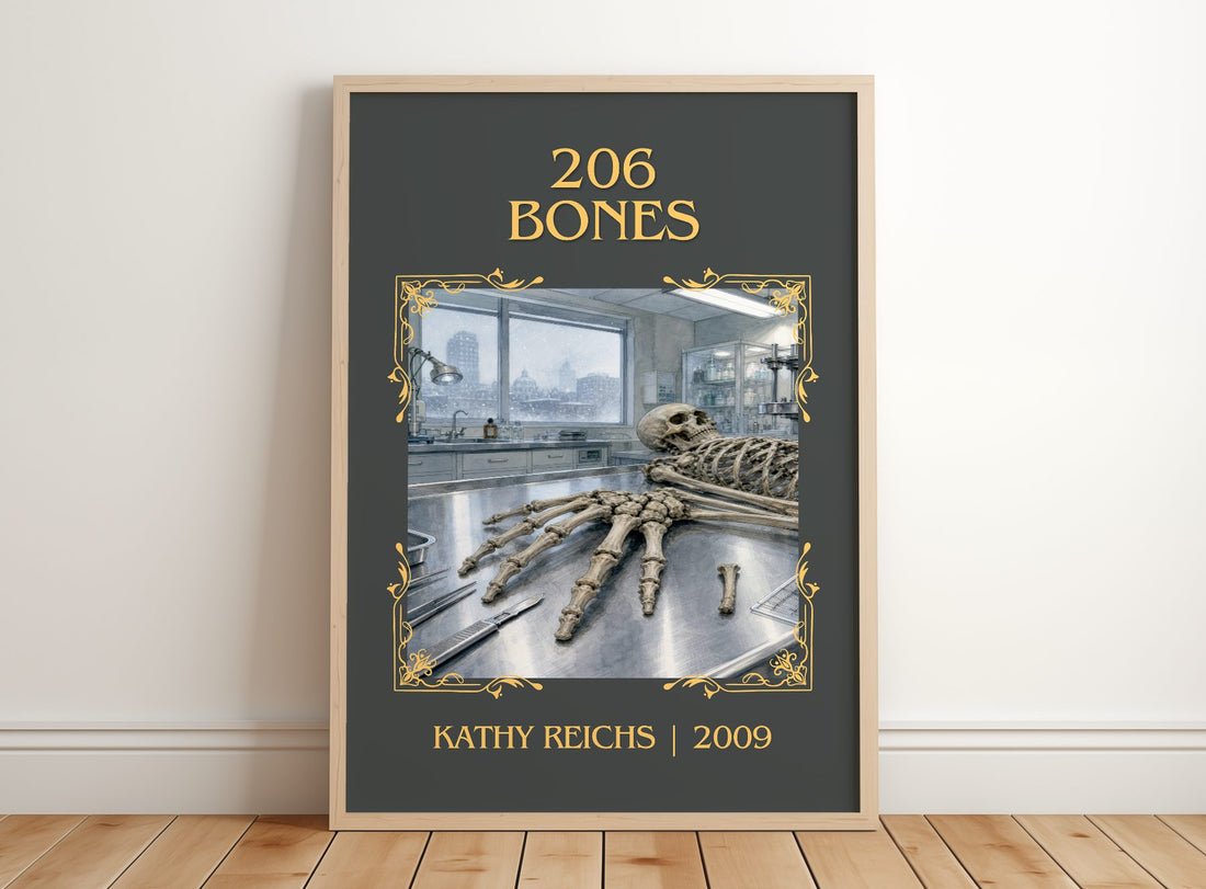 206 Bones Classic Book Art Print by Kathy Reichs – framed print leaning on a wooden floor