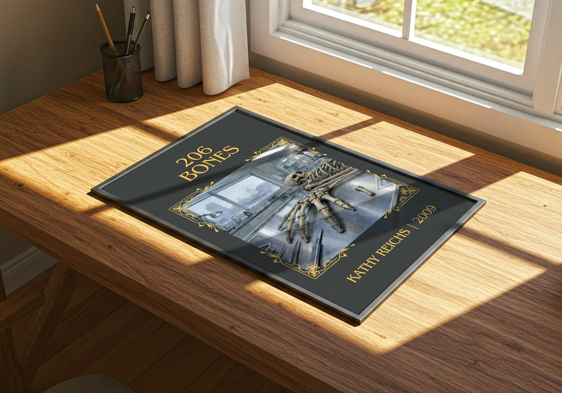 206 Bones Classic Book Art Print by Kathy Reichs – print on a sunlit desk