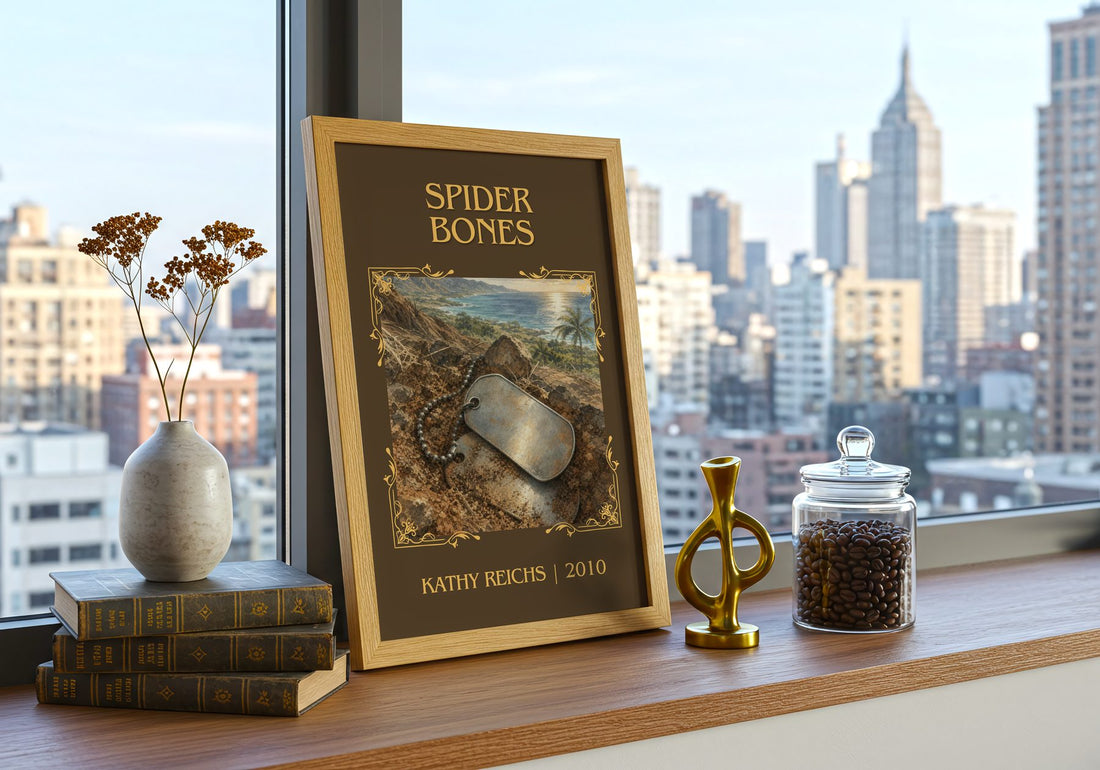 Spider Bones Classic Book Art Print by Kathy Reichs – framed print on a city-view windowsill
