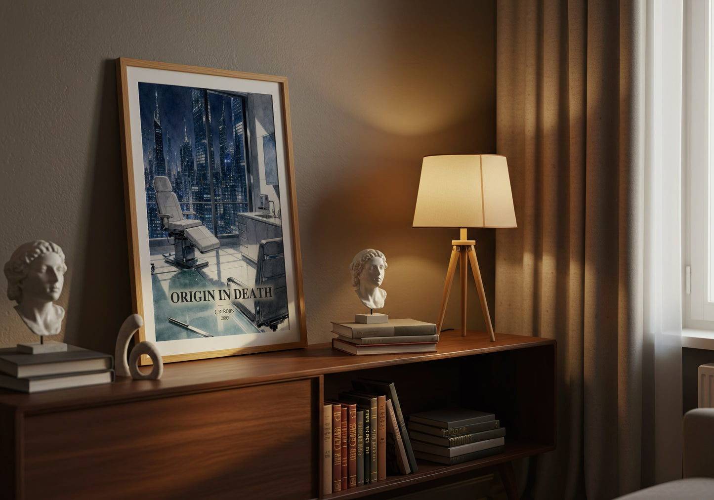 Origin In Death watercolour print on bookshelf – J. D. Robb fan gift