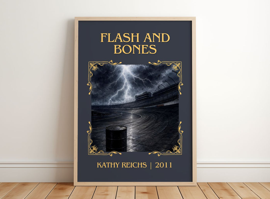 Flash and Bones Classic Book Art Print by Kathy Reichs – framed print leaning on a wooden floor