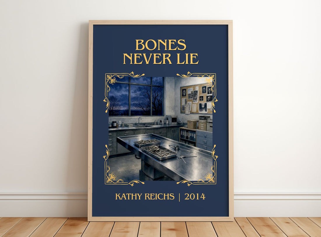 Bones Never Lie Classic Book Art Print by Kathy Reichs – framed print leaning on a wooden floor