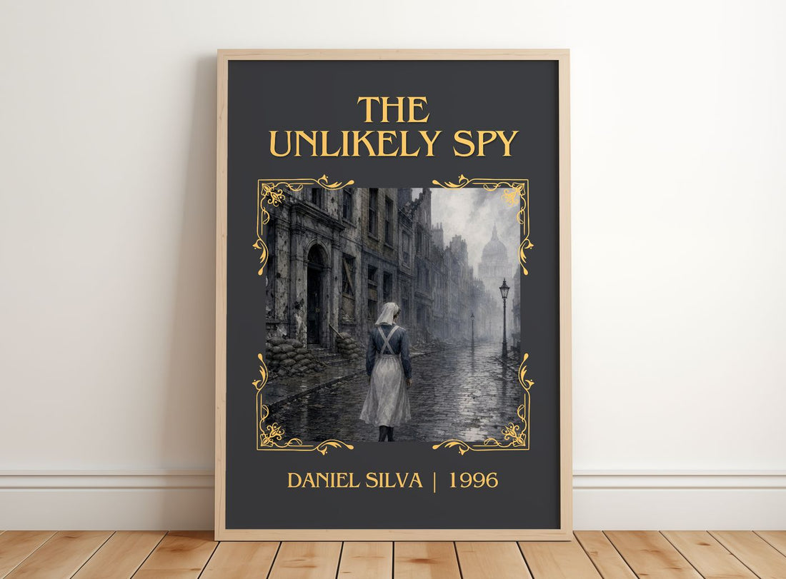 The Unlikely Spy Classic Book Art Print by Daniel Silva – framed print leaning on a wooden floor