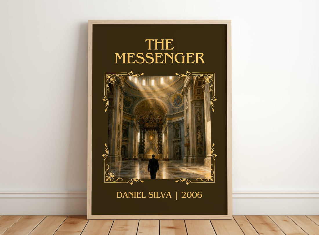 The Messenger Classic Book Art Print by Daniel Silva – framed print leaning on a wooden floor