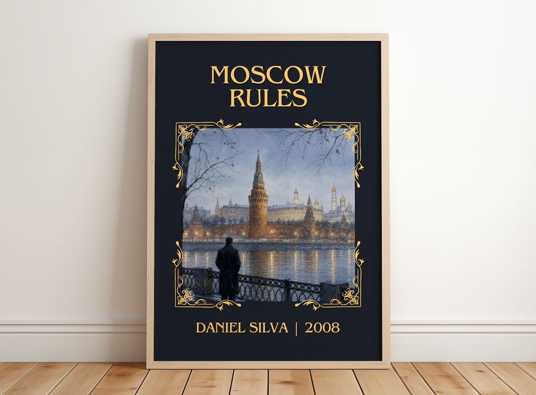 Moscow Rules Classic Book Art Print by Daniel Silva – framed print leaning on a wooden floor
