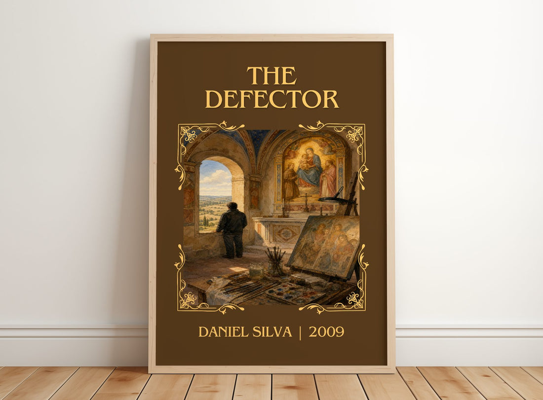 The Defector Classic Book Art Print by Daniel Silva – framed print leaning on a wooden floor