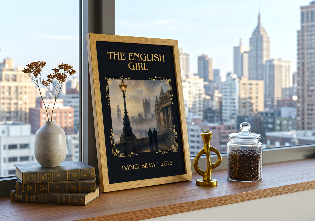 The English Girl Classic Book Art Print by Daniel Silva – framed print on a city-view windowsill