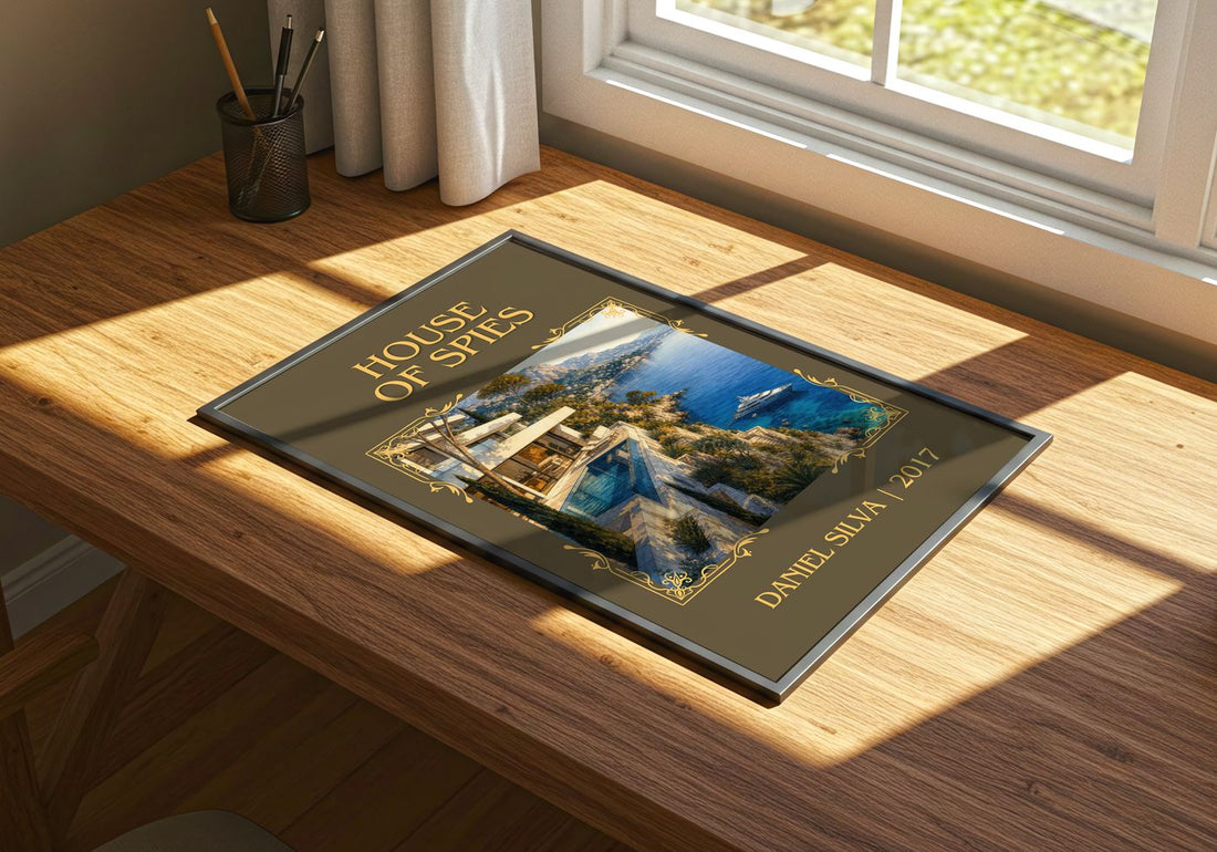 House of Spies Classic Book Art Print by Daniel Silva – print on a sunlit desk