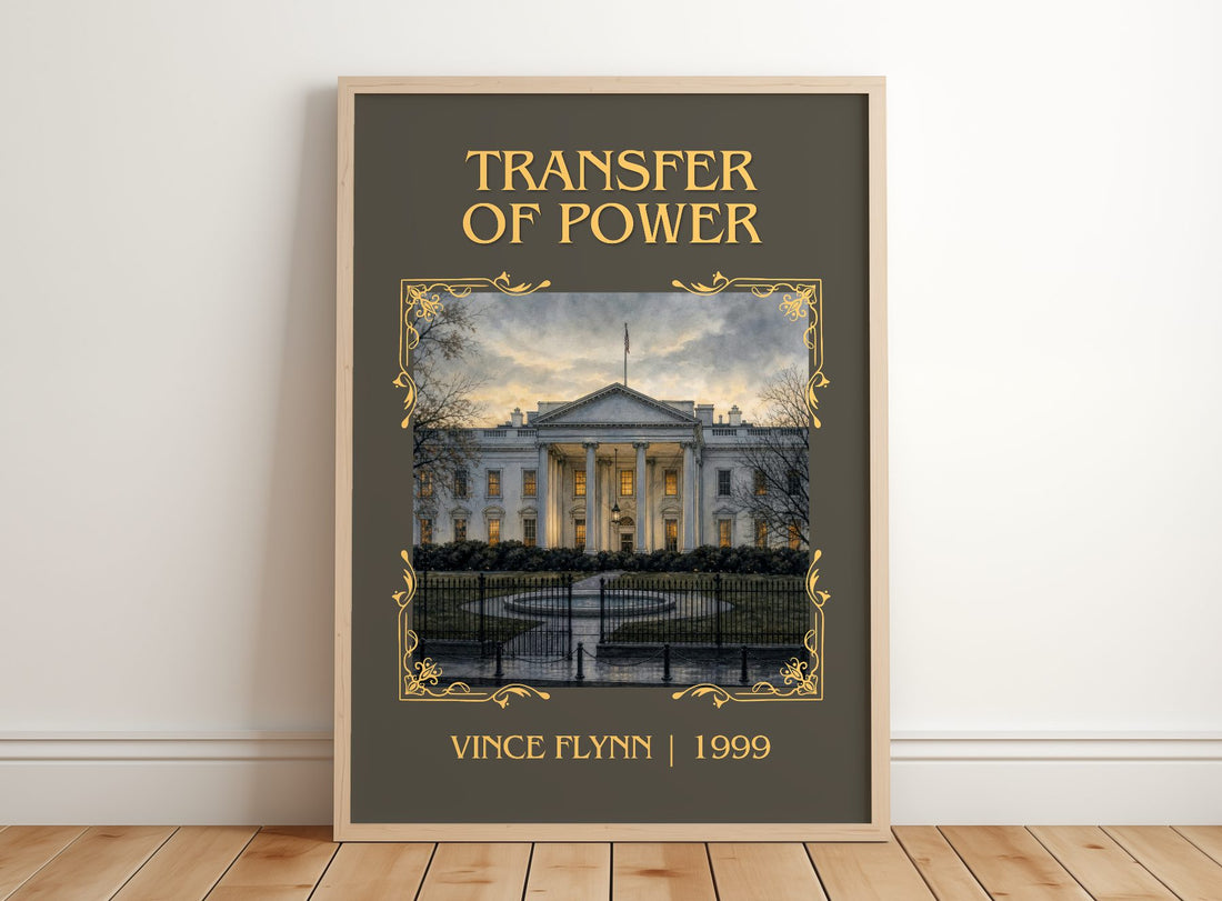 Transfer of Power Classic Book Art Print by Vince Flynn – framed print leaning on a wooden floor