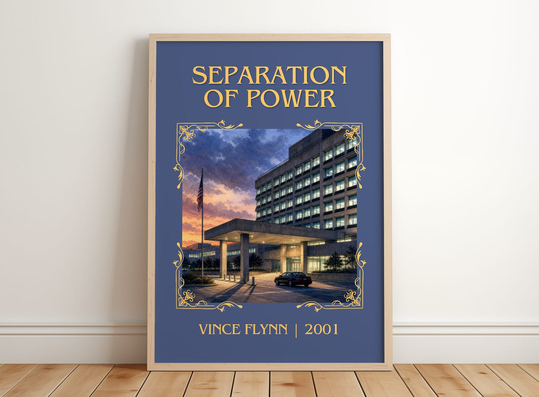 Separation of Power Classic Book Art Print by Vince Flynn – framed print leaning on a wooden floor