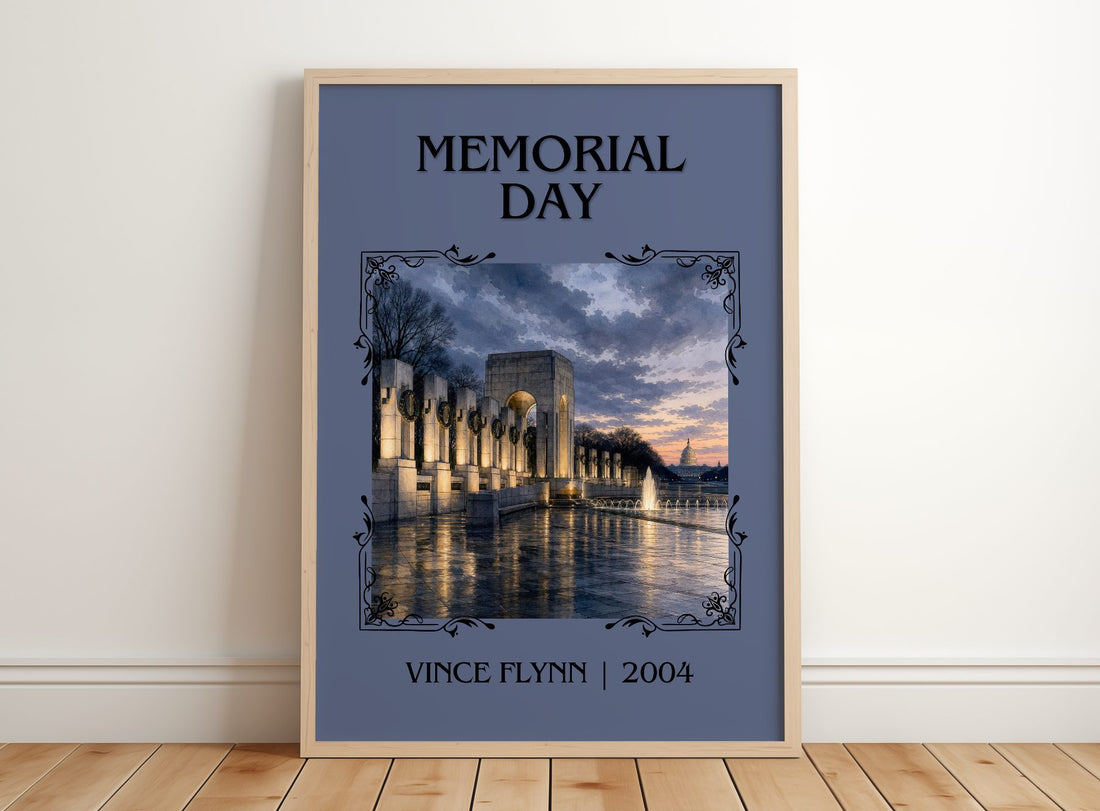 Memorial Day Classic Book Art Print by Vince Flynn – framed print leaning on a wooden floor