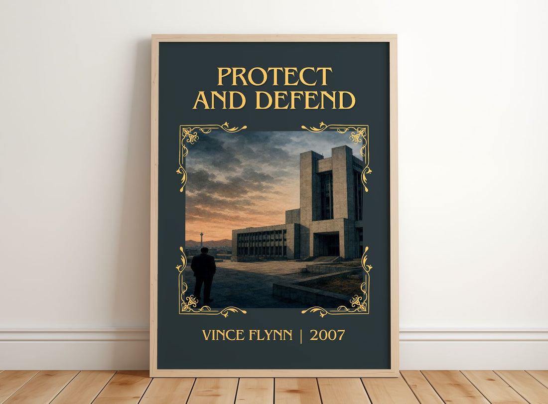 Protect and Defend Classic Book Art Print by Vince Flynn – framed print leaning on a wooden floor