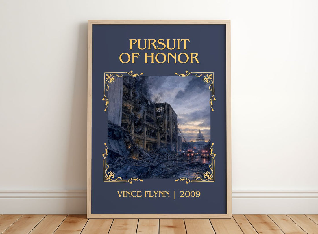 Pursuit of Honor Classic Book Art Print by Vince Flynn – framed print leaning on a wooden floor