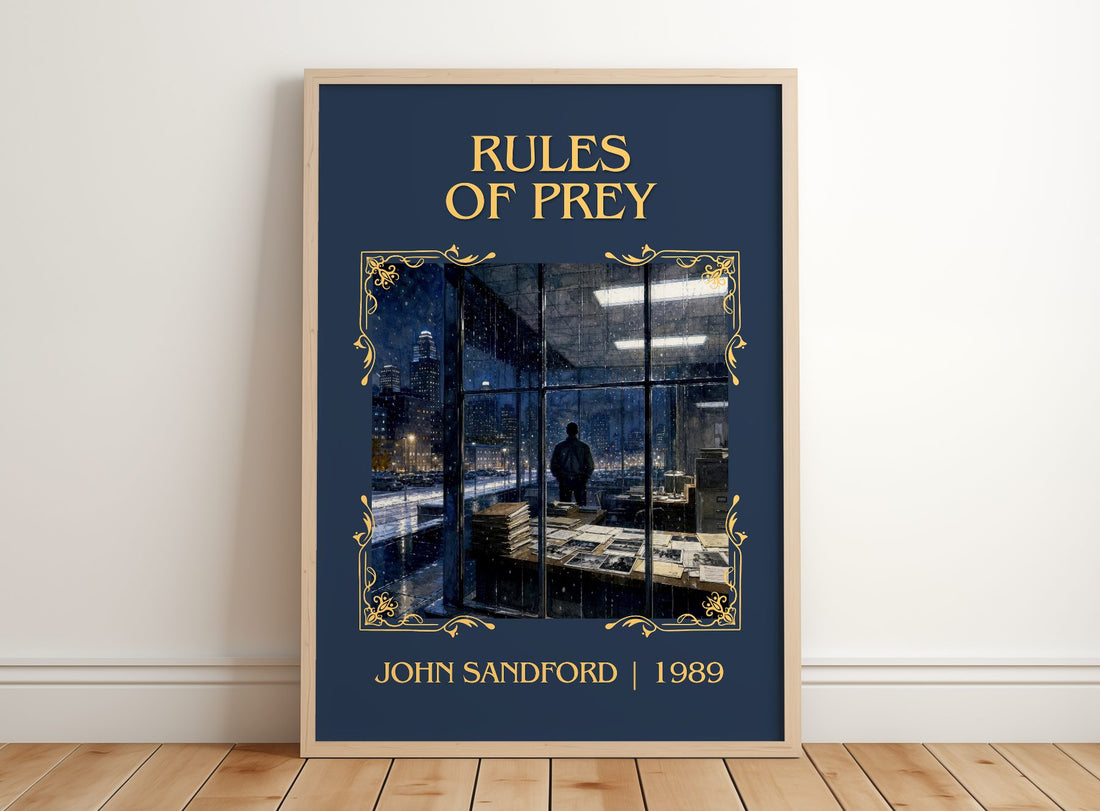 Rules of Prey Classic Book Art Print by John Sandford – framed print leaning on a wooden floor