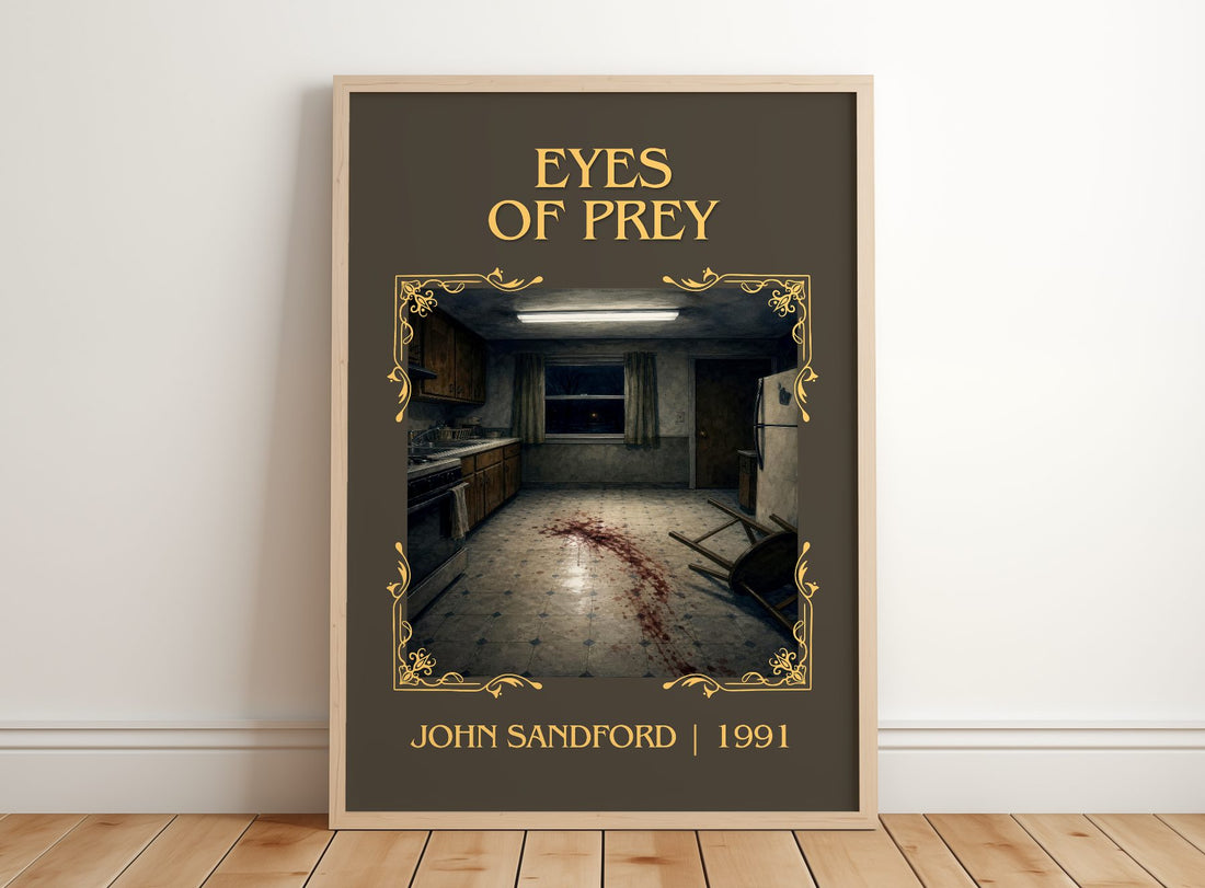 Eyes of Prey Classic Book Art Print by John Sandford – framed print leaning on a wooden floor