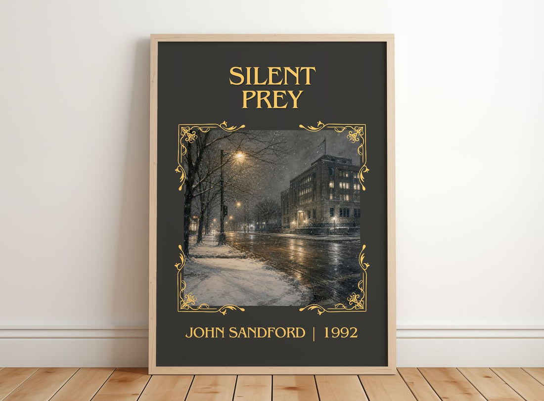 Silent Prey Classic Book Art Print by John Sandford – framed print leaning on a wooden floor