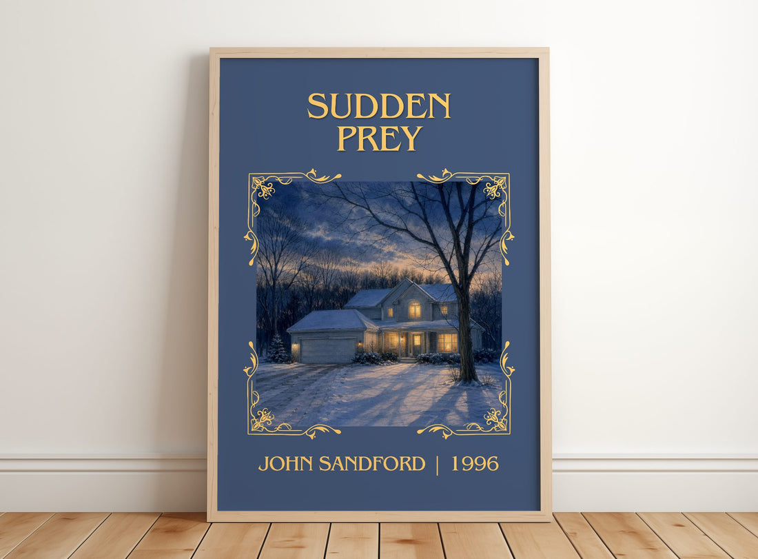 Sudden Prey Classic Book Art Print by John Sandford – framed print leaning on a wooden floor