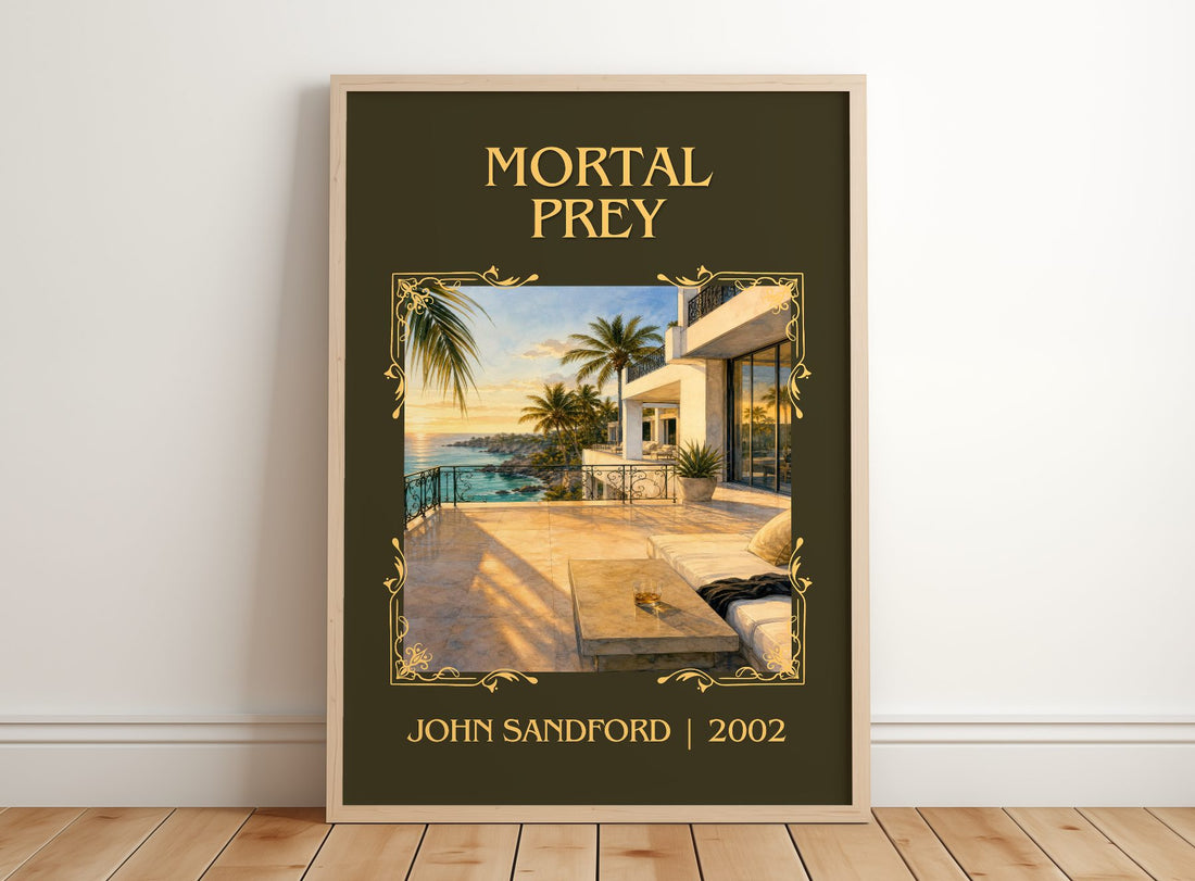 Mortal Prey Classic Book Art Print by John Sandford – framed print leaning on a wooden floor