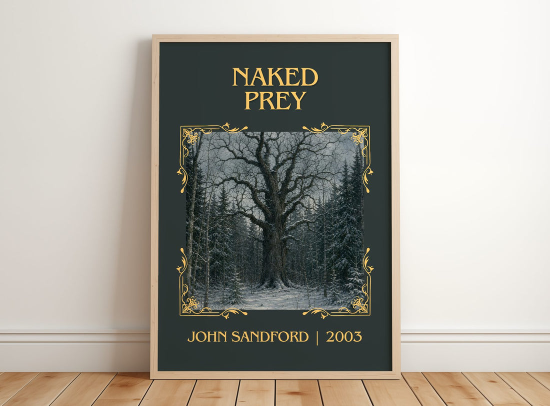 Naked Prey Classic Book Art Print by John Sandford – framed print leaning on a wooden floor