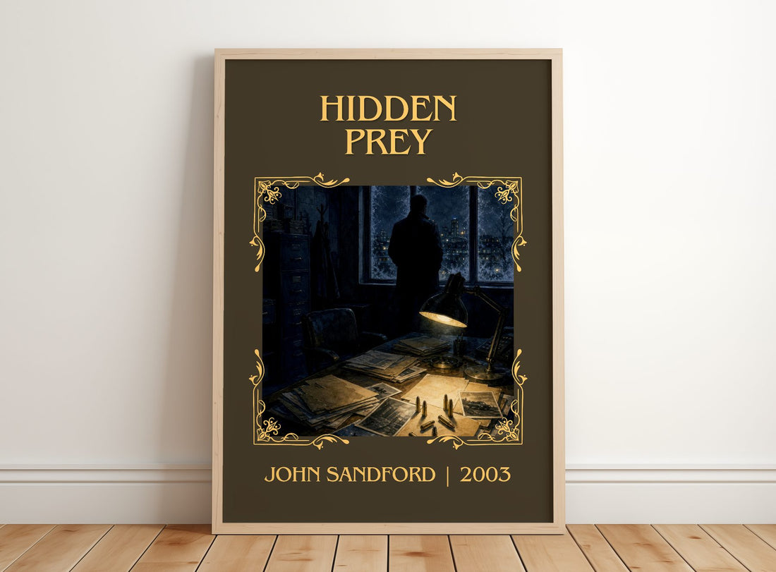 Hidden Prey Classic Book Art Print by John Sandford – framed print leaning on a wooden floor