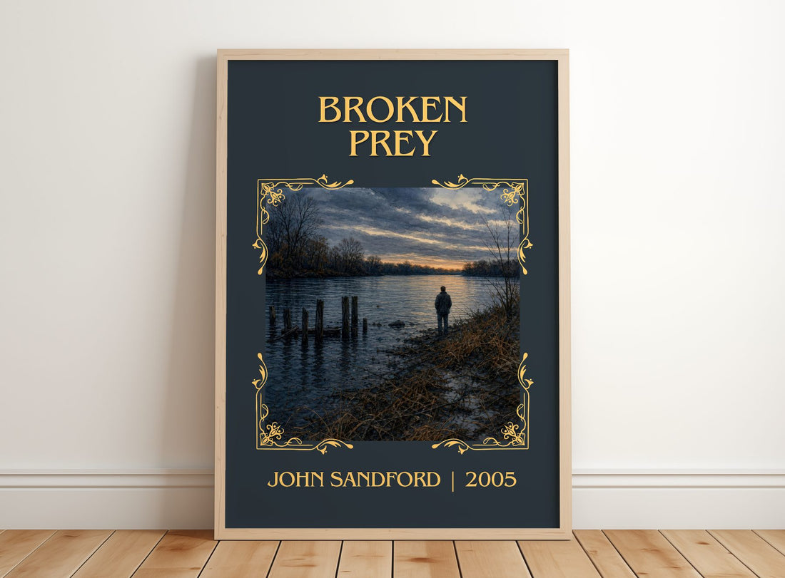 Broken Prey Classic Book Art Print by John Sandford – framed print leaning on a wooden floor