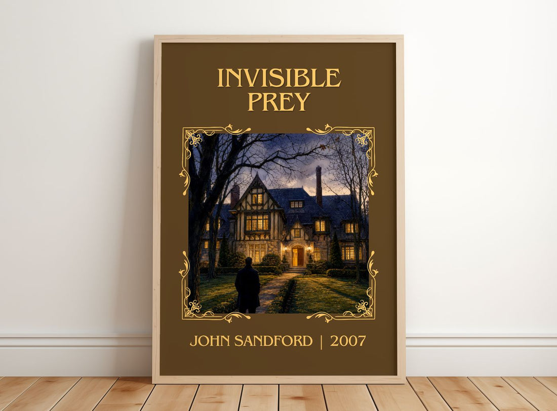Invisible Prey Classic Book Art Print by John Sandford – framed print leaning on a wooden floor