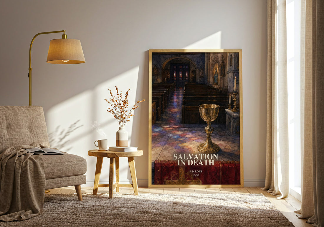 Salvation In Death watercolour print in frame leaning in hallway – mystery wall art (mockup)