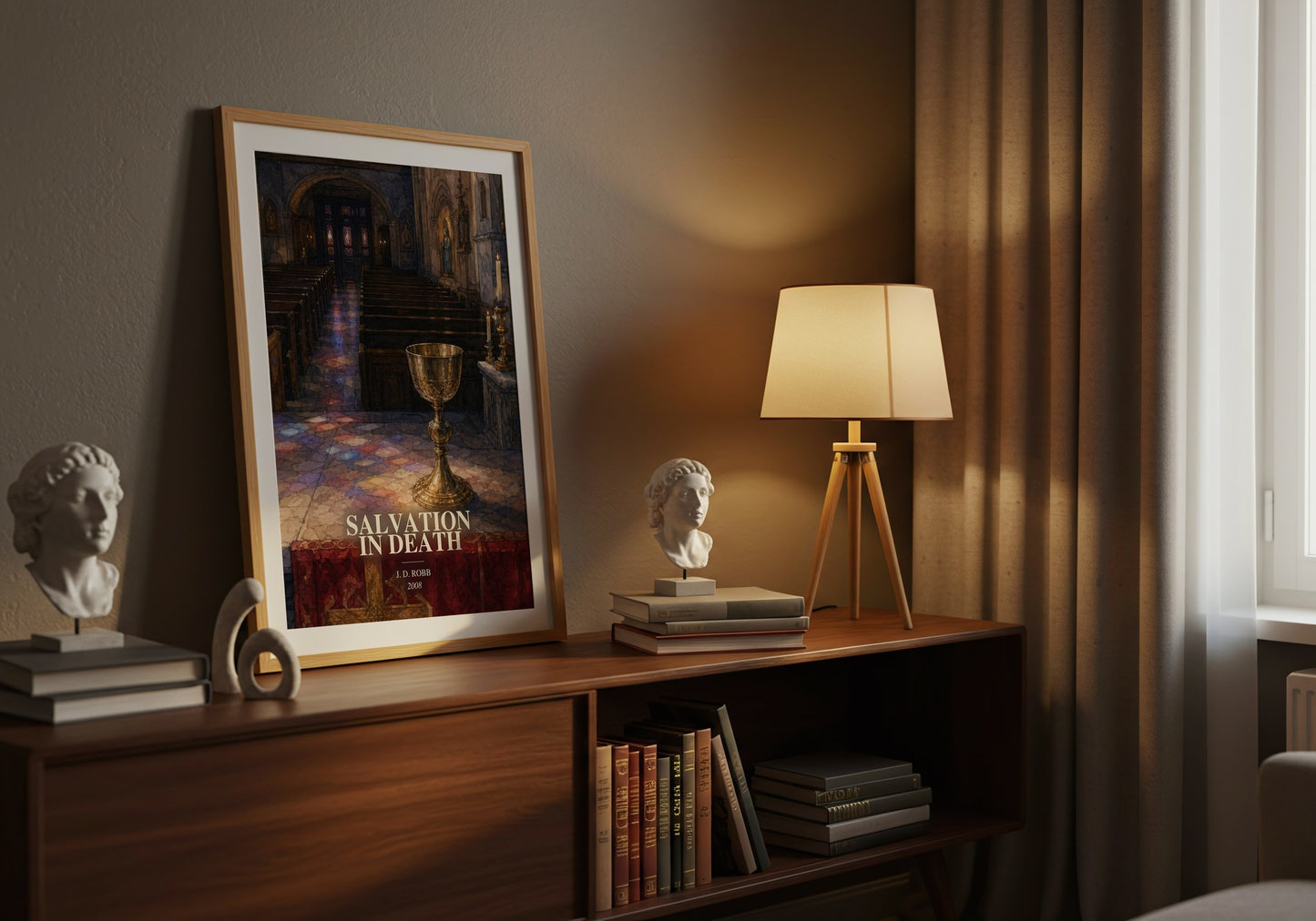 Salvation In Death watercolour print on bookshelf – J. D. Robb fan gift