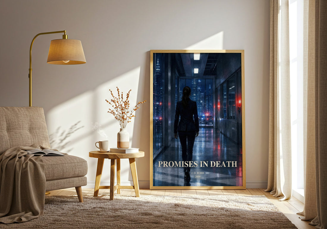 Promises In Death watercolour print in frame leaning in hallway – mystery wall art (mockup)