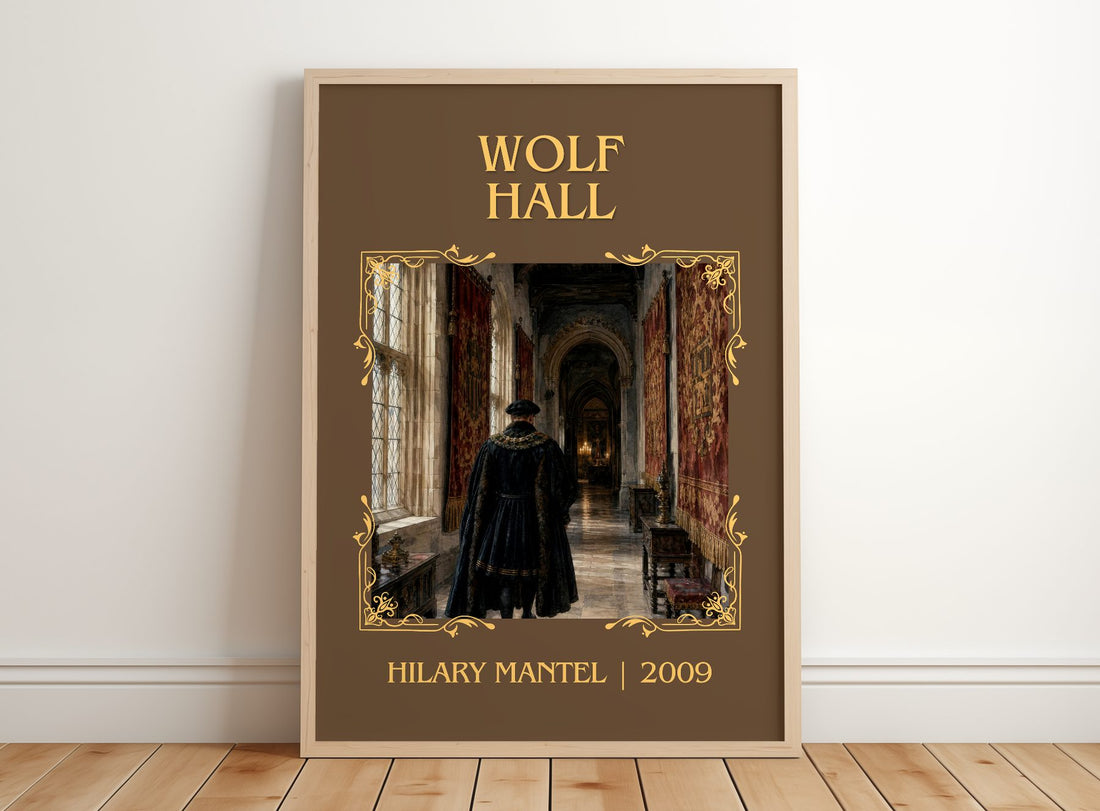 Wolf Hall Classic Book Art Print by Hilary Mantel – framed print leaning on a wooden floor