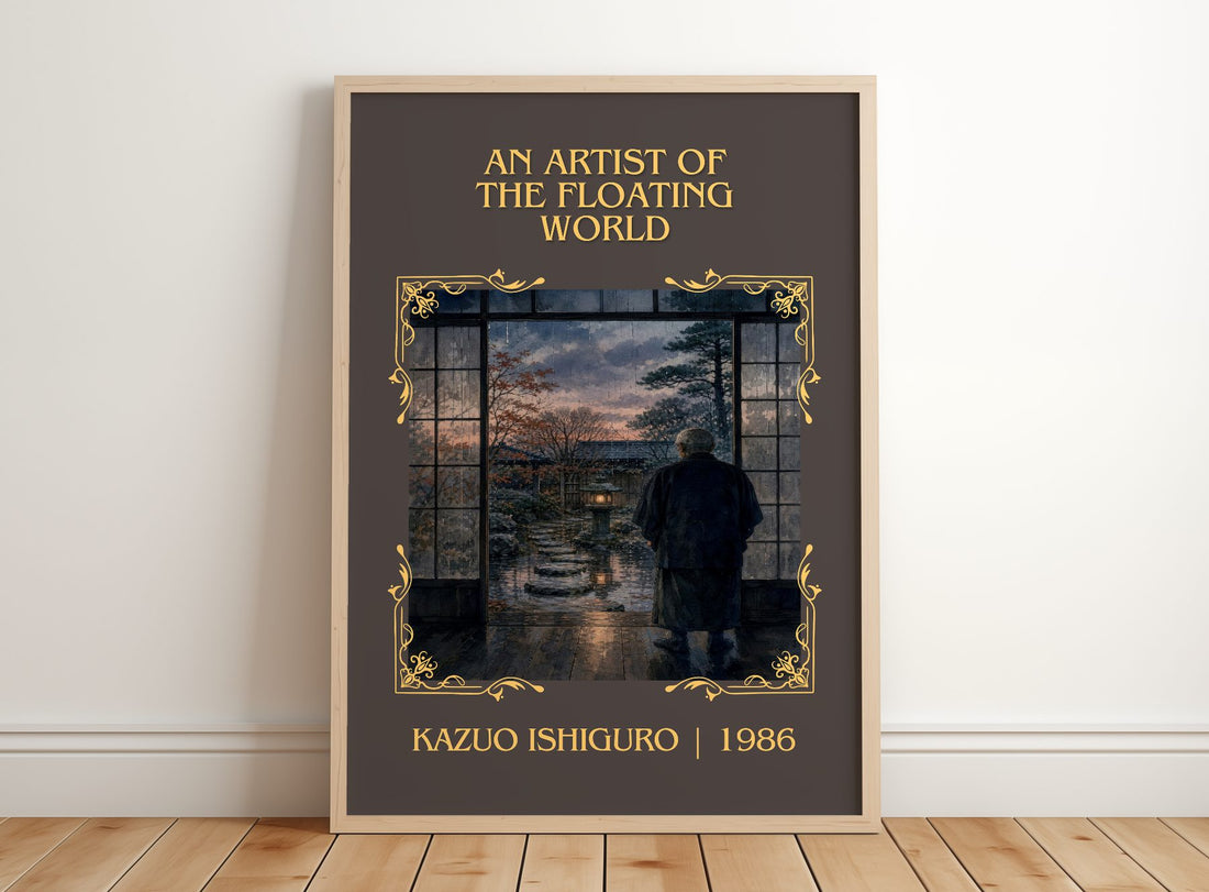 Artist of the Floating World Classic Book Art Print by Kazuo Ishiguro – framed print leaning on a wooden floor