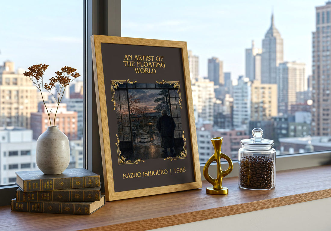 Artist of the Floating World Classic Book Art Print by Kazuo Ishiguro – framed print on a city-view windowsill