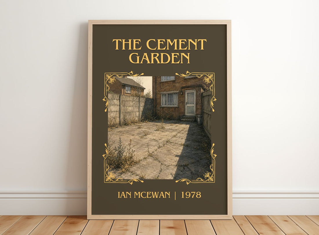 The Cement Garden Classic Book Art Print by Ian McEwan – framed print leaning on a wooden floor
