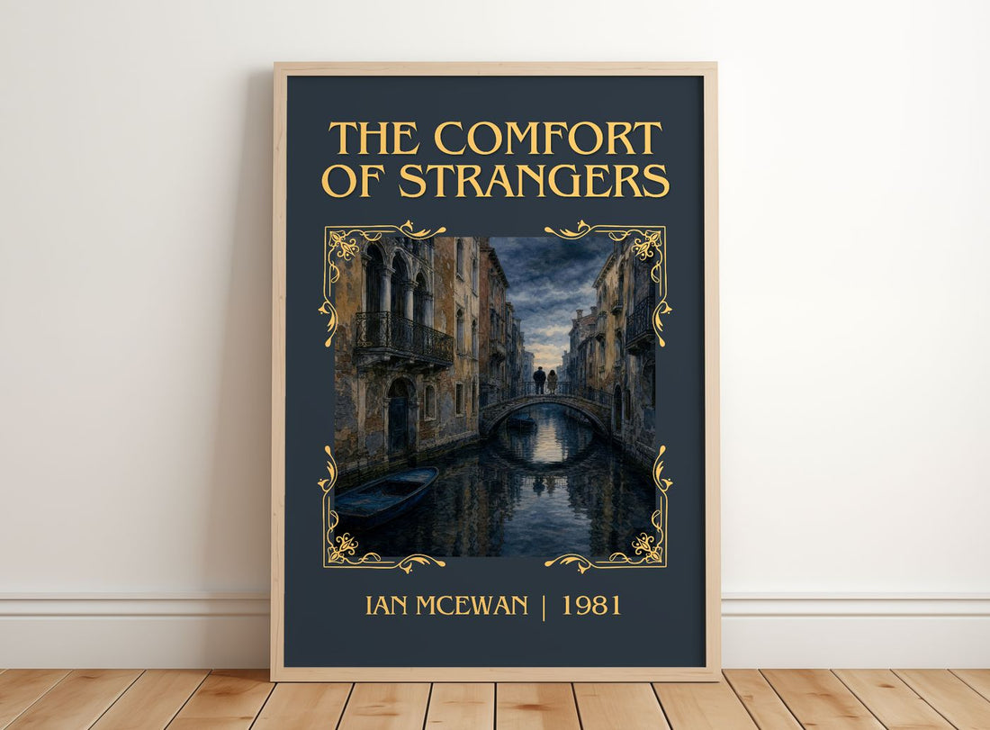 The Comfort of Strangers Classic Book Art Print by Ian McEwan – framed print leaning on a wooden floor