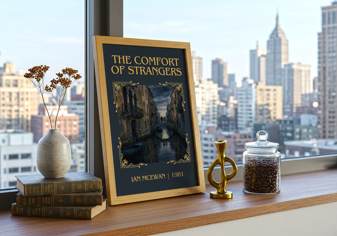 The Comfort of Strangers Classic Book Art Print by Ian McEwan – framed print on a city-view windowsill