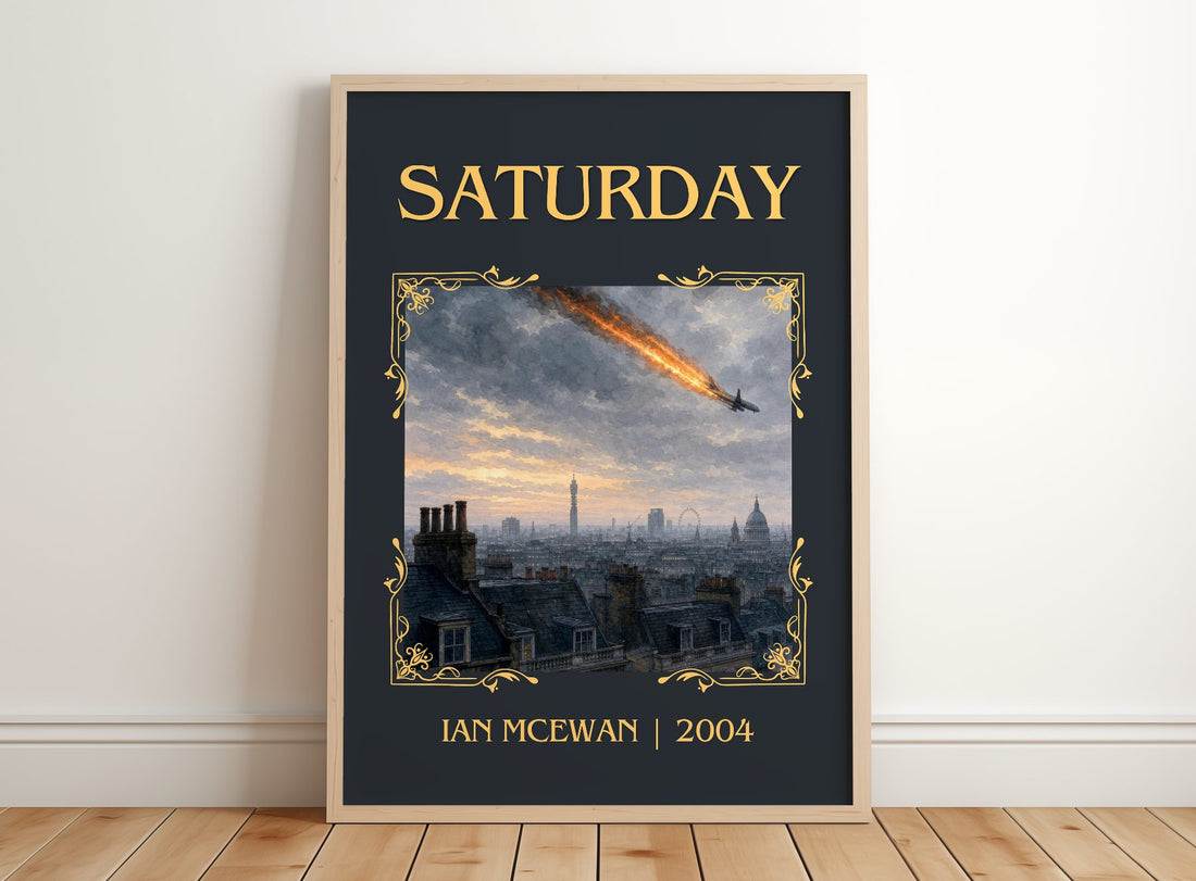 Saturday Classic Book Art Print by Ian McEwan – framed print leaning on a wooden floor