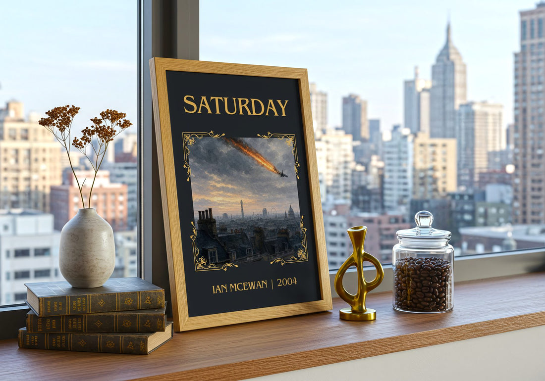 Saturday Classic Book Art Print by Ian McEwan – framed print on a city-view windowsill